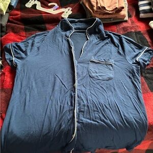 Navy Blue Short Sleeve Pajama Top with Contrasting Piping